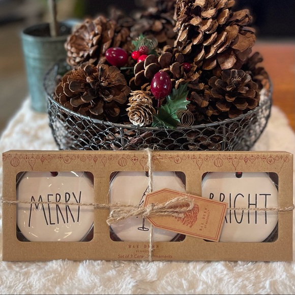 RAE DUNN by Magenta "MERRY, 🎄, BRIGHT” Christmas Ornament Set of 3 - Picture 5 of 5